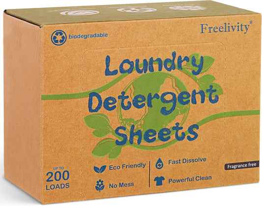 Freelivity Laundry Detergent Sheets, 200 Loads Fragrance Free Eco-Friendly Laundry Soap Strips - No Plastic Jug Hypoallergenic Liquid Less Dissolvable Space Saving Sheets for HE machine, travel, home