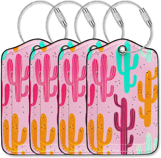 Luggage Tags for Suitcases-Leather Luggage Tag 4 Pack with Loops Cute Bag/Backpack/Suitcase Tags Pink Travel Accessories for Airport