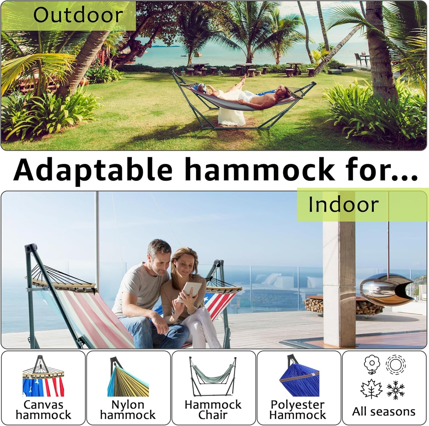 Tranquillo Sturdy Steel Hammock with Stand Premium Cotton Canvas Hammock, 600 lbs Capacity Hammock Stand Folding, Portable 30-Second Fold Unfold, for Camping, American Flag