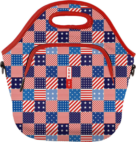 Sok It LunchTote Zippered Bag Insulated Neoprene Caddy (Patriotic Patchwork, X-Large 6.5 Quart Lunch Tote)