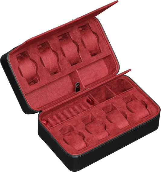 ROTHWELL 8 Watch Travel Case Storage Organizer for 8 Watches, Sunglasses, Rings & Cufflinks |Tough Portable Protection with Zipper Fits Most Wristwatches & Smart Watches Up to 50mm (Black/Red)