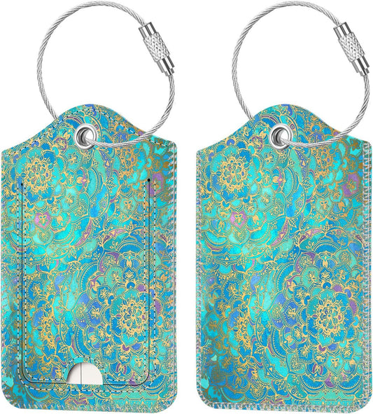 Fintie Luggage Tags, Privacy Cover ID Label with Stainless Steel Loop and Address Card for Travel Bag Suitcase - Glass Blue (2 Piece)