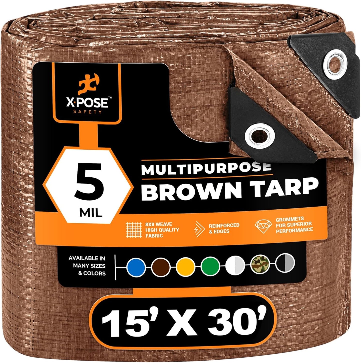 Multipurpose Protective Cover Brown Poly Tarp 15' x 30' - Durable, Water Resistant, Weather Resistant - 5 Mil Thick Polyethylene - by Xpose Safety