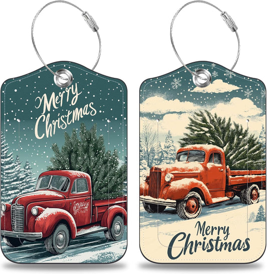 Red Truck Carrying Christmas Tree Set of 2 Luggage Tags for Suitcases Leather Suitcase Tags Identifiers with Privacy Name Label and Stainless Steel Loop for Women Men Travel Luggage Accessories