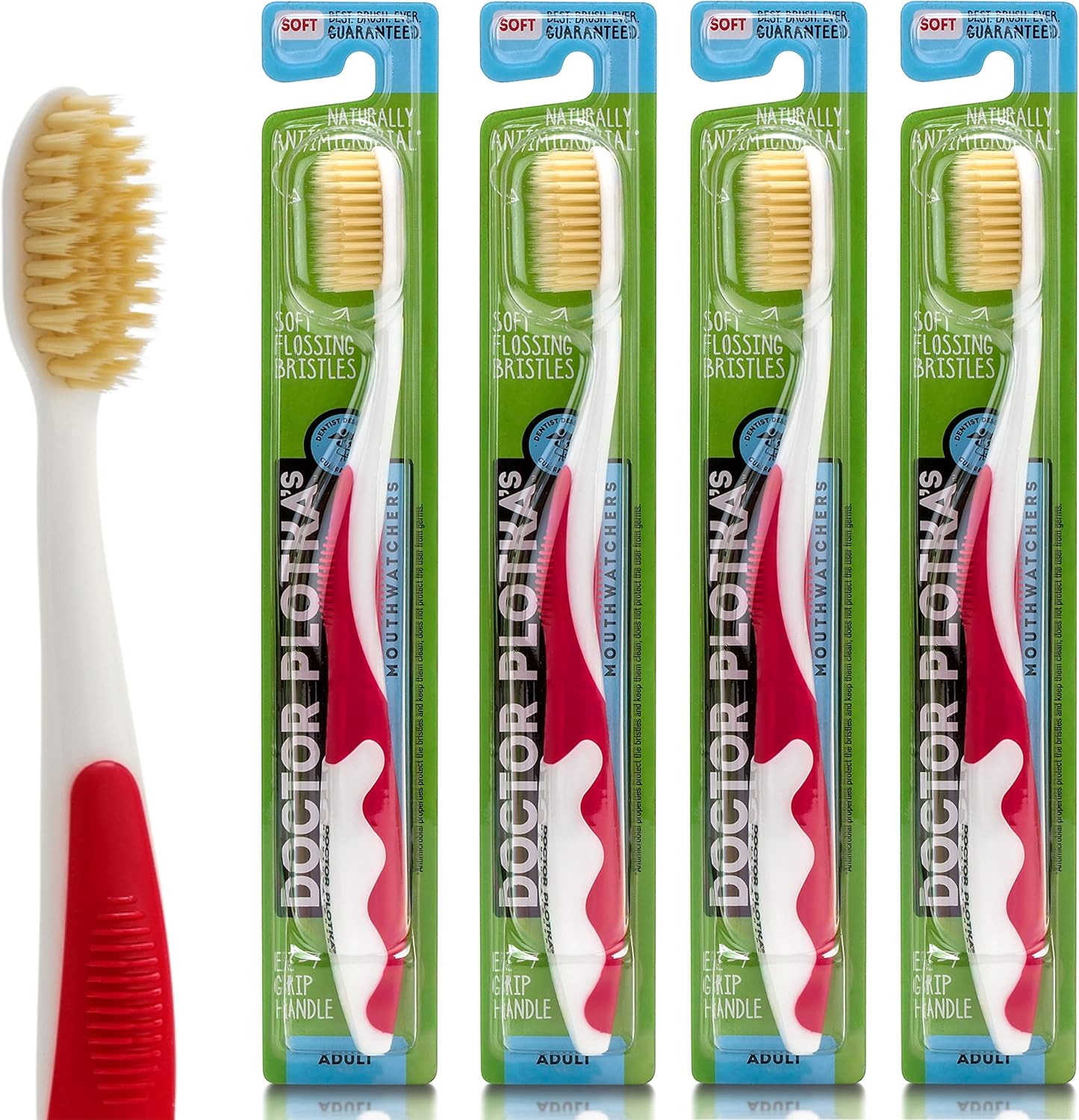 MOUTHWATCHERS Soft Flossing Toothbrushes, Value Pack of 4, Red, Manual Toothbrush for Adults, Ultra Clean, Good for Sensitive Teeth and Gums, by Dr. Plotka's
