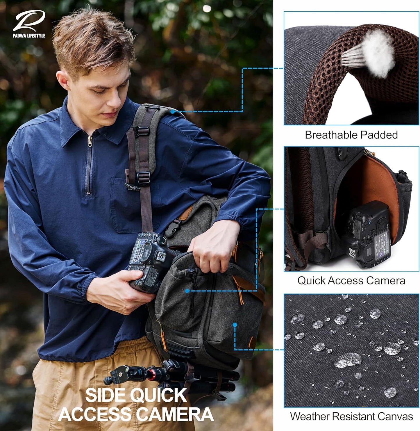 Padwa Lifestyle Black Camera Backpack - Professional DSLR & UAV Camera Bag,Anti Theft Canvas Camera Backpack with Rain Cover,Large Capacity Photography Travel Camera Bag with Multi Compartments