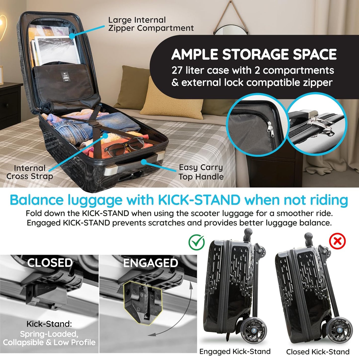 Teen Totes Detachable 4-in-1 Scooter Luggage for Kids – Ride-On Suitcase with Removable Luggage Body, Adjustable Handlebar, Durable Deck & Brake, Carry-On Size – Travel & Play