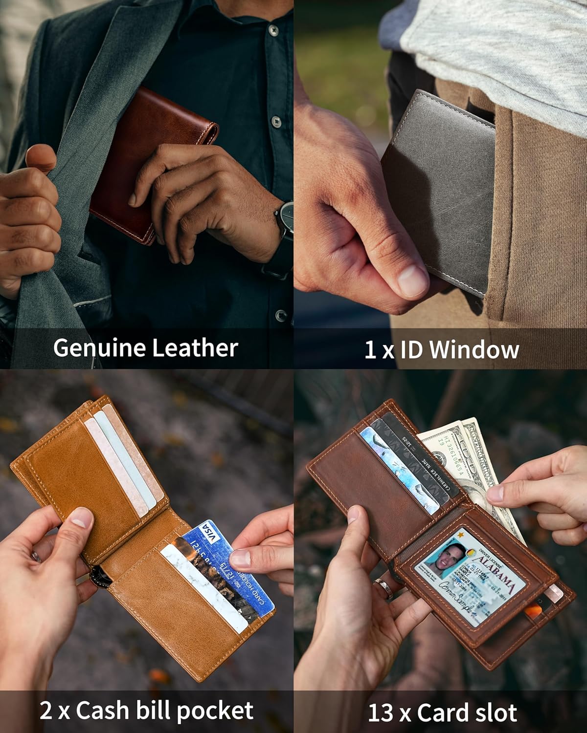 Mens Wallet Genuine Leather Bifold RFID Blocking Wallet for Men with 1 ID Window 13 Card Holders 2 cash pockets 1 Gift Box (Light Brown)