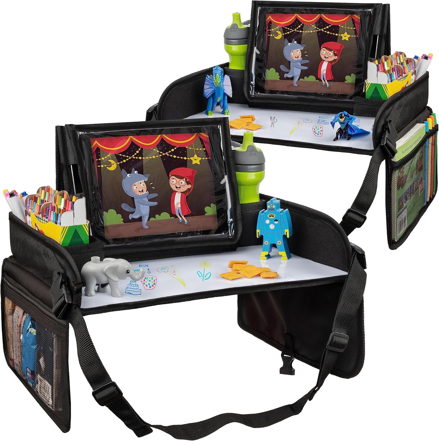 Lusso Gear Kids Travel Tray (Value 2-Pack) - Road Trip Essentials Organizer & Car Seat Tray with Tablet Stand - Toddler Lap Desk Organizer - Dry Erase Activity Surface