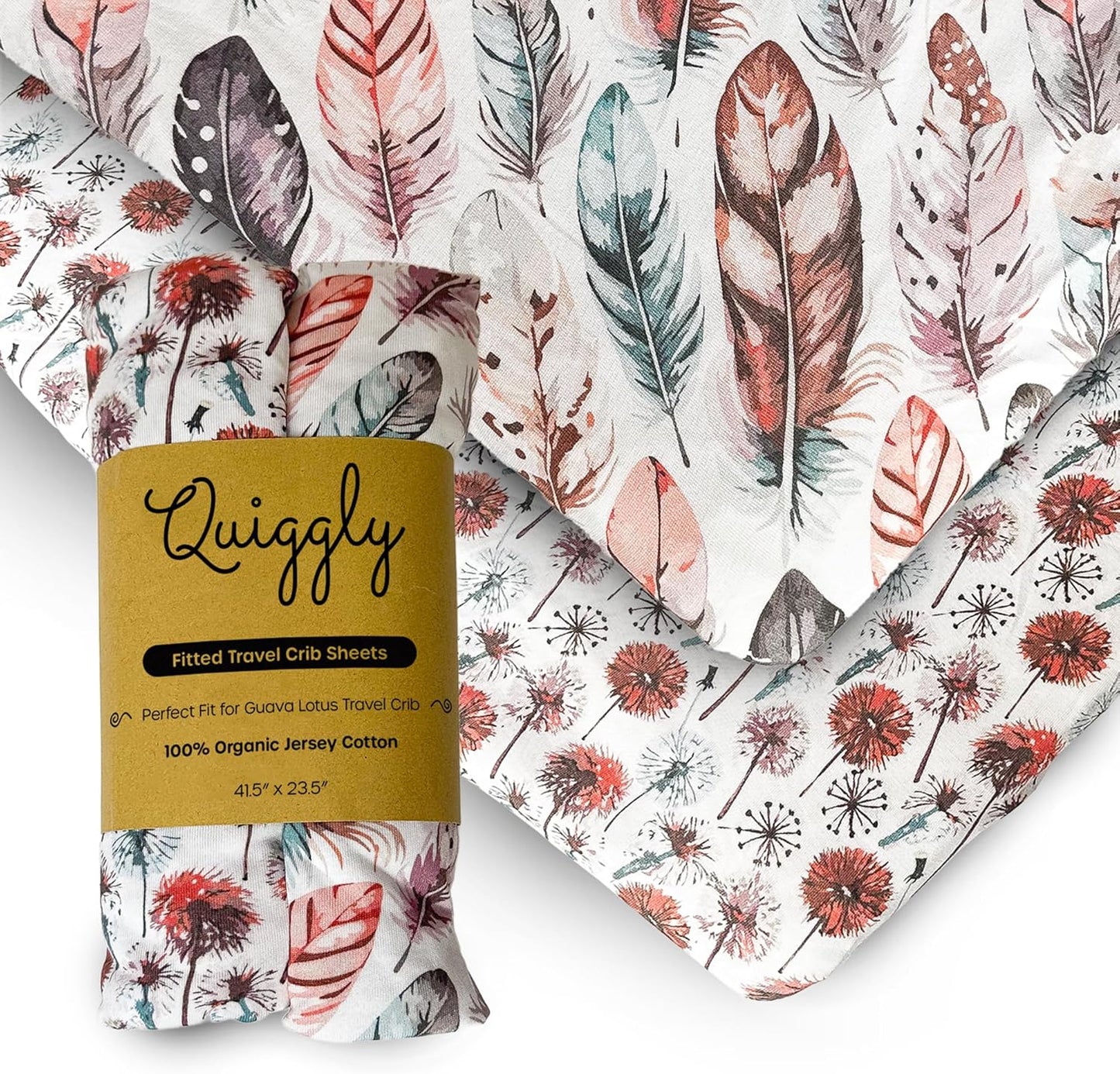 Quiggly Travel Crib Sheets for Guava Lotus, 2 Pack Organic Cotton Jersey Knit, Vibrant Feather & Dandelion Patterns - Fits Crib Mattress for Boys & Girls