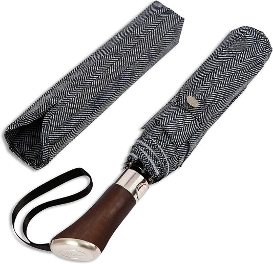 Balios (Designed in UK) Travel Umbrella Luxurious Golden Hardwood Handle Auto Open & Close Windproof Frame Single Canopy Automatic Folding Umbrella Men's & Ladies