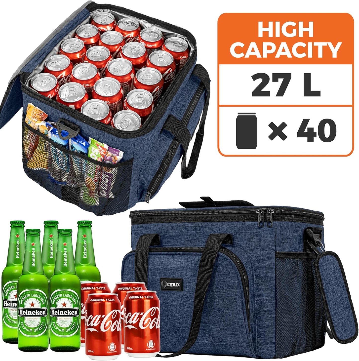 OPUX Soft Cooler Bag, Insulated Collapsible Lunch Cooler Tote for Men Work Camping Beach Travel, Portable Soft Sided Leakproof Waterproof Large Lunch Bag Box with Shoulder Strap 40 Cans, Heather Navy