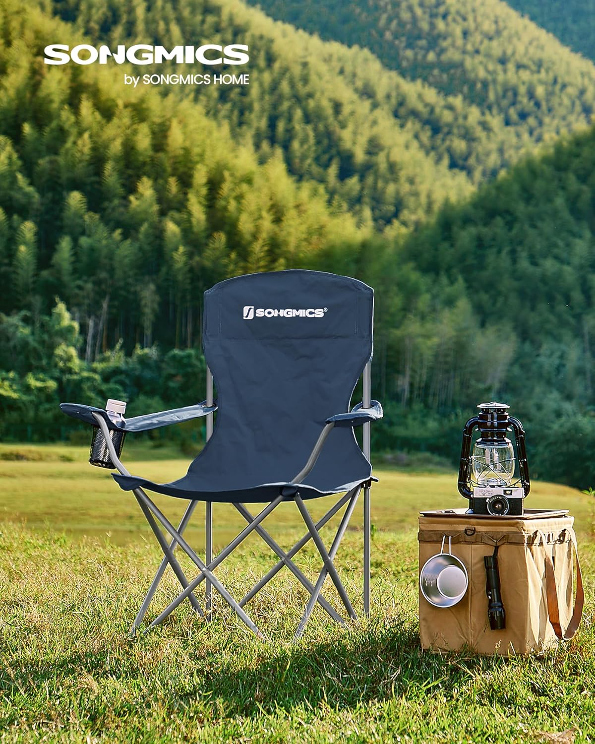 SONGMICS 2 Pack Folding Camping Chairs, Load 330 lb, Cup Holder and High Backrest, Heavy-Duty Structure, for Lawn, Garden, Fishing, Terrace