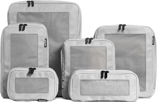 Aerotrunk Compression Packing Cubes for Travel - Luggage Organizer Bags - Double Zipper Packing Cubes for Suitcases (6-Pack, Light Grey)