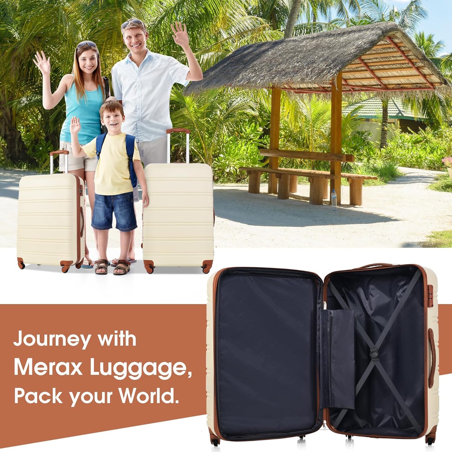 Merax Luggage sets of 3 Piece 20 24 IN Carry on Luggage Hard Case White and Brown Luggage Expandable Checked Luggage Suitcase Set with Wheels