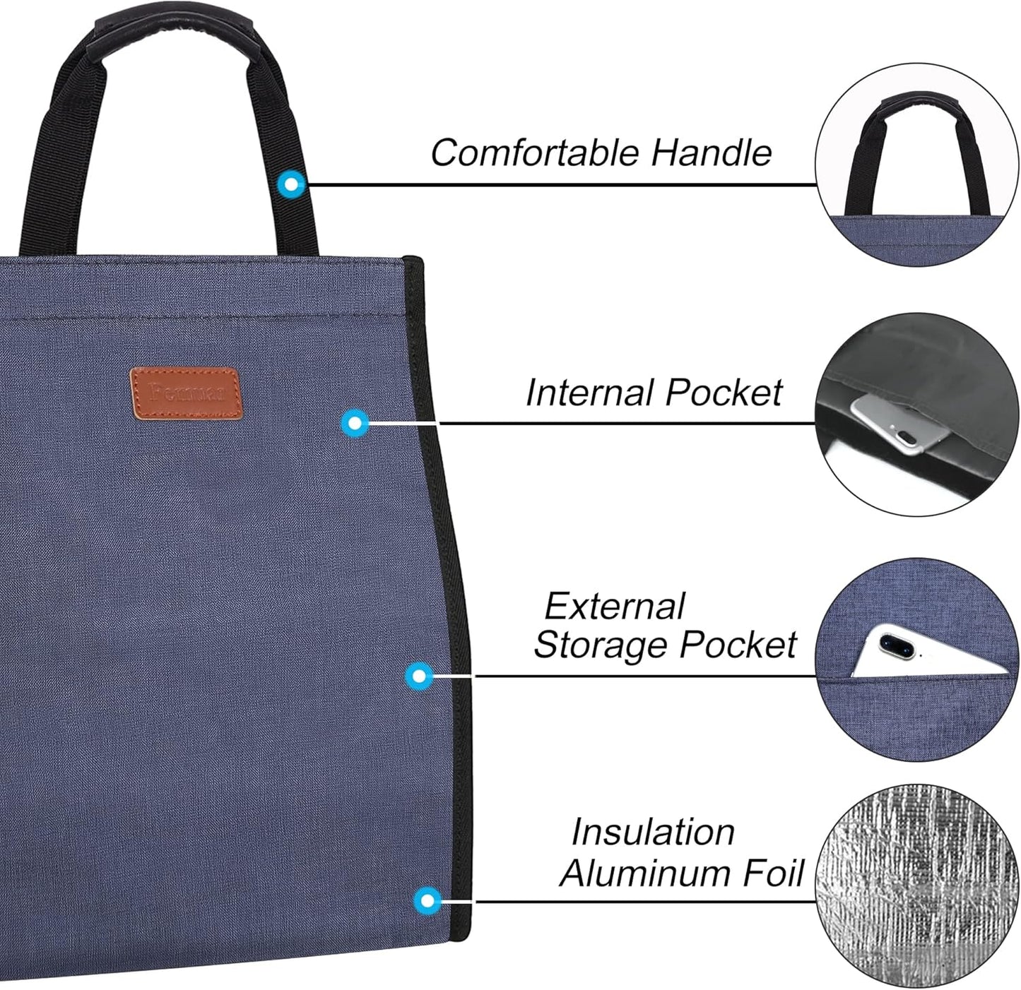 Lunch Bags for Women Insulated Reusable Lunch Tote with Internal Pocket, Lunch Tote bag for Work (Blue)