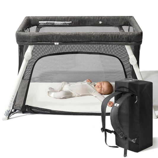 Guava Family Travel Crib includes Lightweight Backpack Design | Certified Baby Safe Portable Crib | Folding Play Yard, Comfy Mattress for Babies, Toddlers | Compact Baby Travel Bed