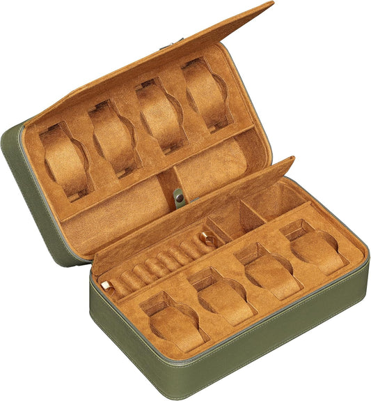 ROTHWELL 8 Watch Travel Case Storage Organizer for 8 Watches, Sunglasses, Rings & Cufflinks |Tough Portable Protection with Zipper Fits Most Wristwatches & Smart Watches Up to 50mm (Green/Tan)