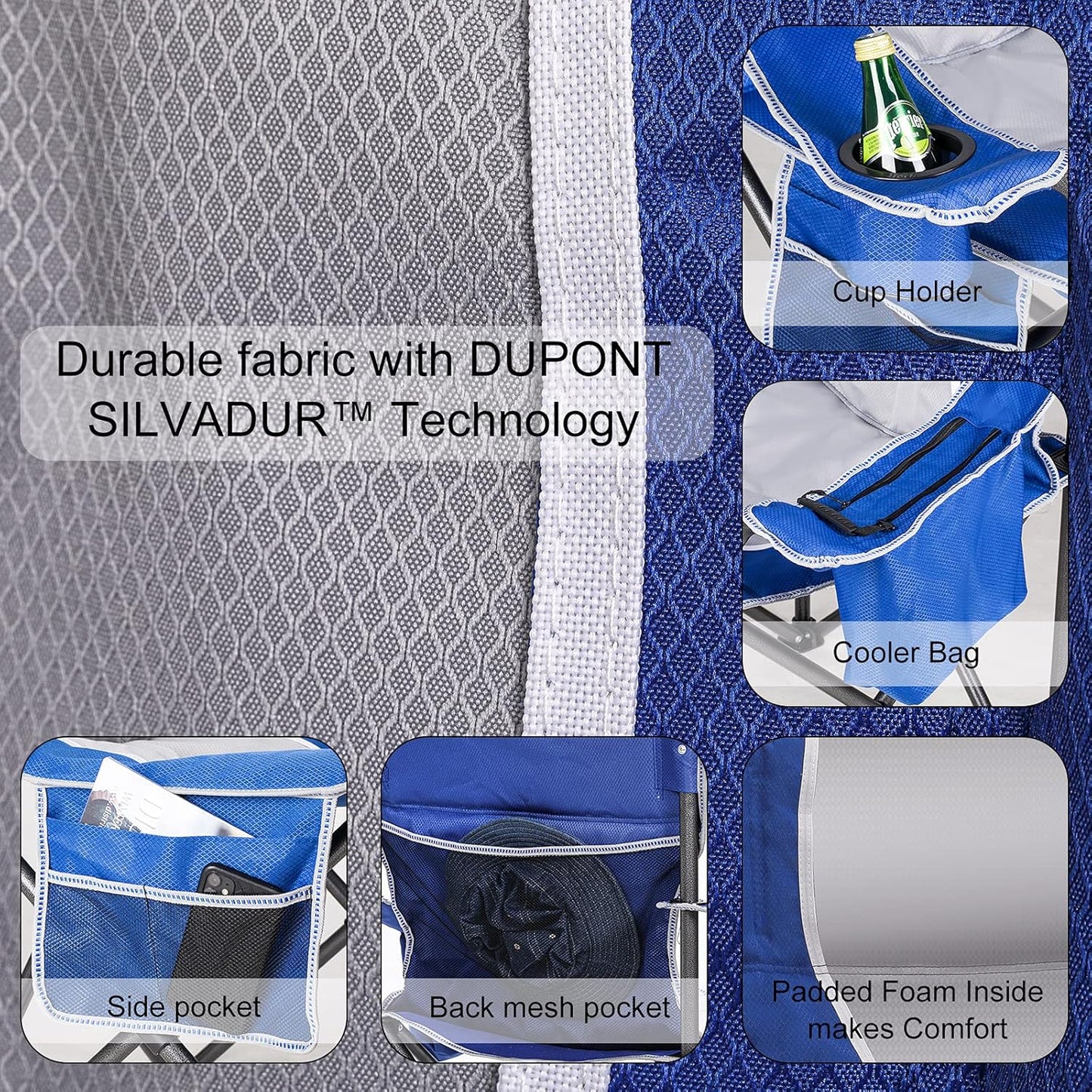 Padded Camping Chairs for Adults, Oversized Folding Outdoor Chairs, Weight Capacity 475lbs, with Cooler Bag, Cup Holder, Storage Pocket Carry Bag (Blue - 2 Pack)