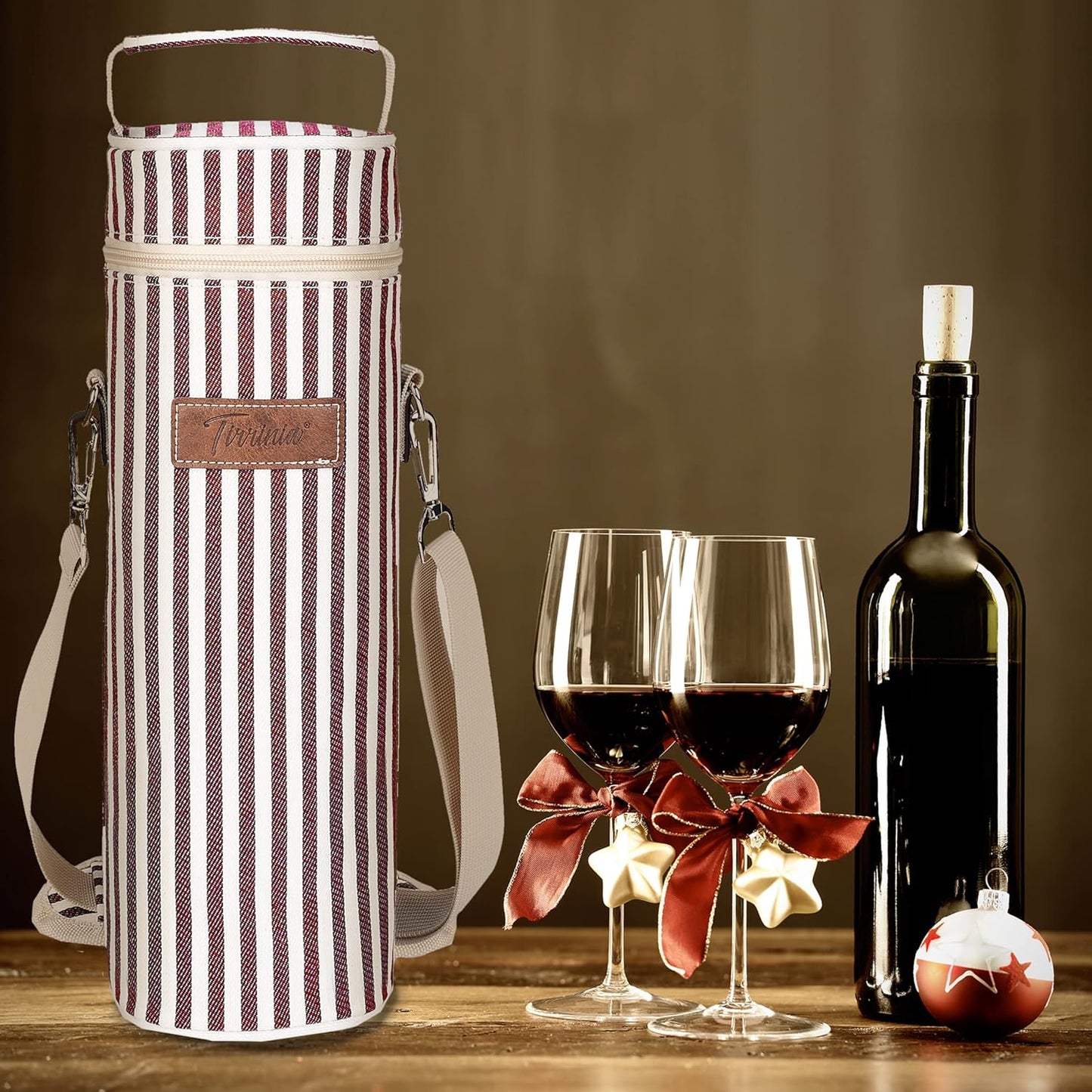 Tirrinia Single Wine Cooler Bags - Insulated & Padded Portable Wine Gift Tote Carrier for Travel, BYOB Restaurant, Wine Tasting, Party, Great Gift for Wine Lover, Wine Stripe