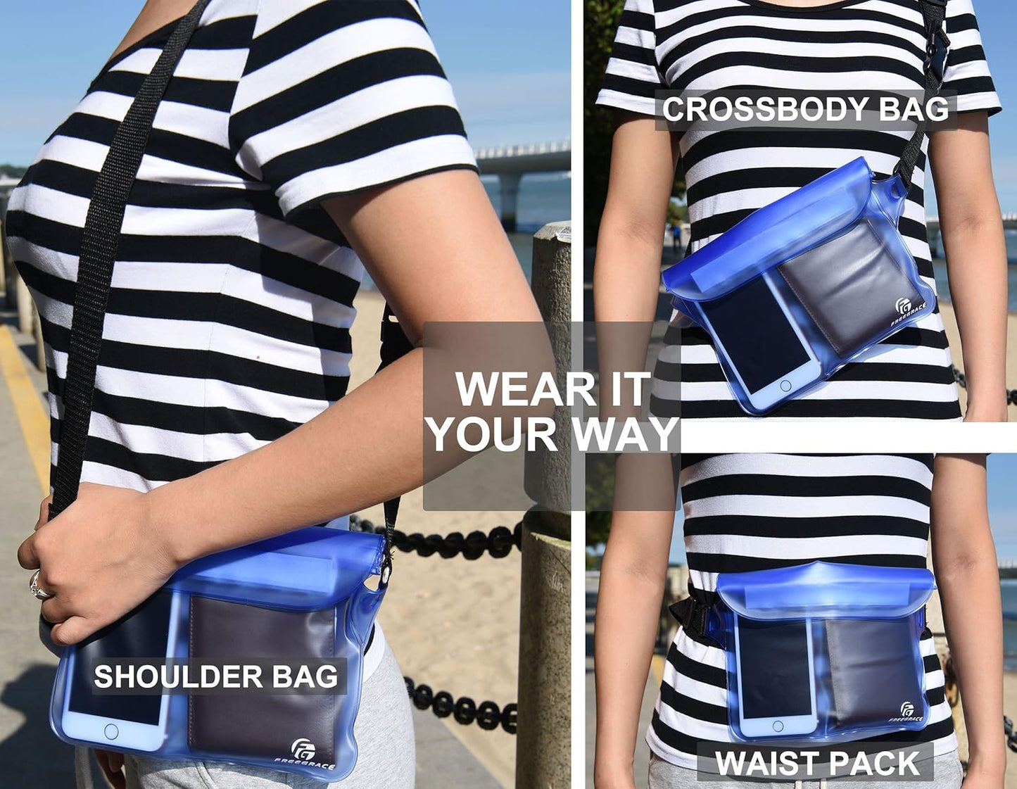 Freegrace Waterproof Pouches with Waist Strap / Pouch Case Bundle Set- Keep Your Phone & Valuables Dry and Safe - Waterproof Dry Bags for Boating Swimming Snorkeling Kayaking Beach Water Parks Pool