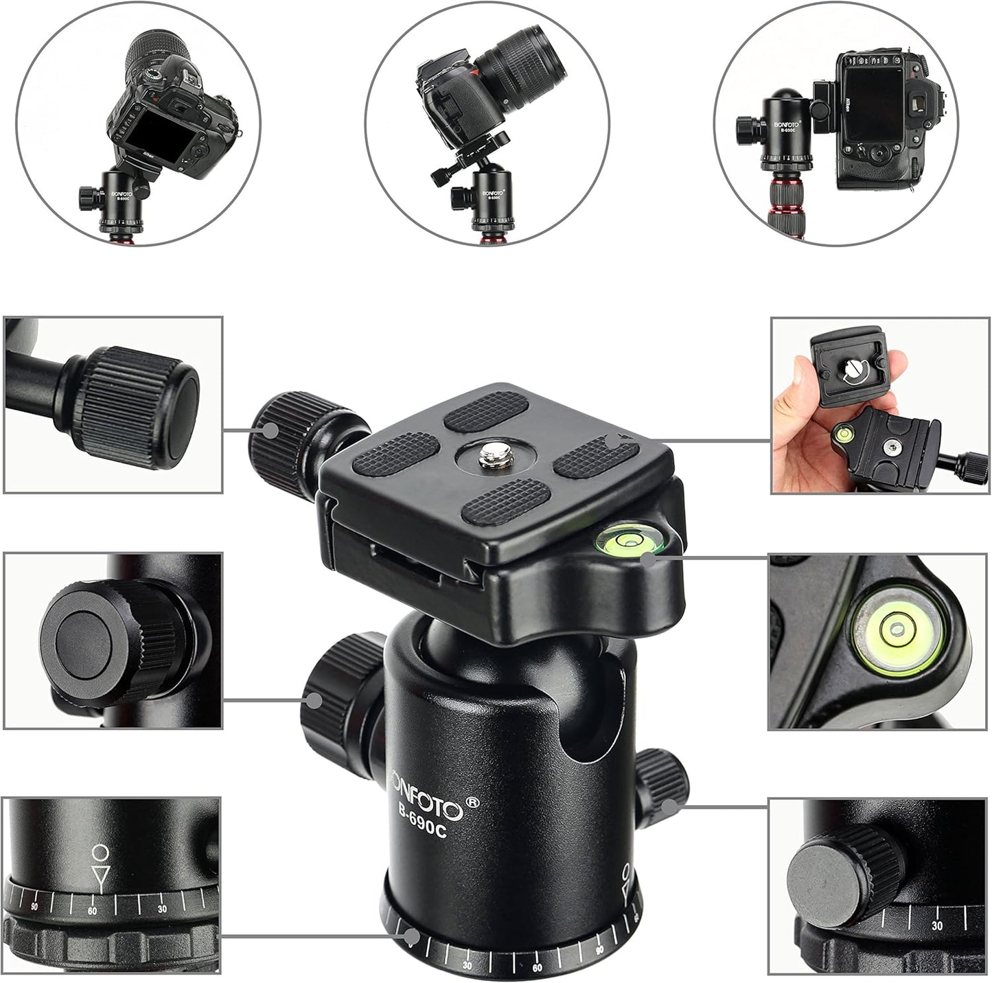 BONFOTO B690C Lightweight Carbon Fiber Portable Tripod Compact Travel Camera Tripod Monopod with 360 Degree Ball Head,1/4" Quick Release Plate and Carry Bag for DSLR Cameras