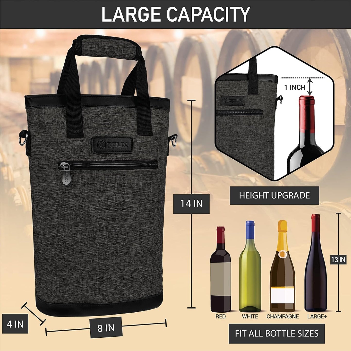 opux Two Bottle Wine Bag Carrier Tote, Insulated Leakproof 2 Bottle Wine Cooler Bag for Travel BYOB Picnic, Portable Wine Case, Gift for Men Women Wine Lover Birthday Party Christmas, Charcoal Gray