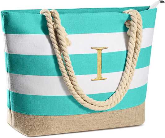 YOOLIFE Initial Canvas Waterproof Beach Tote Bag Zipper Personalized Gifts for Women Her Birthday Travel Beach Essential