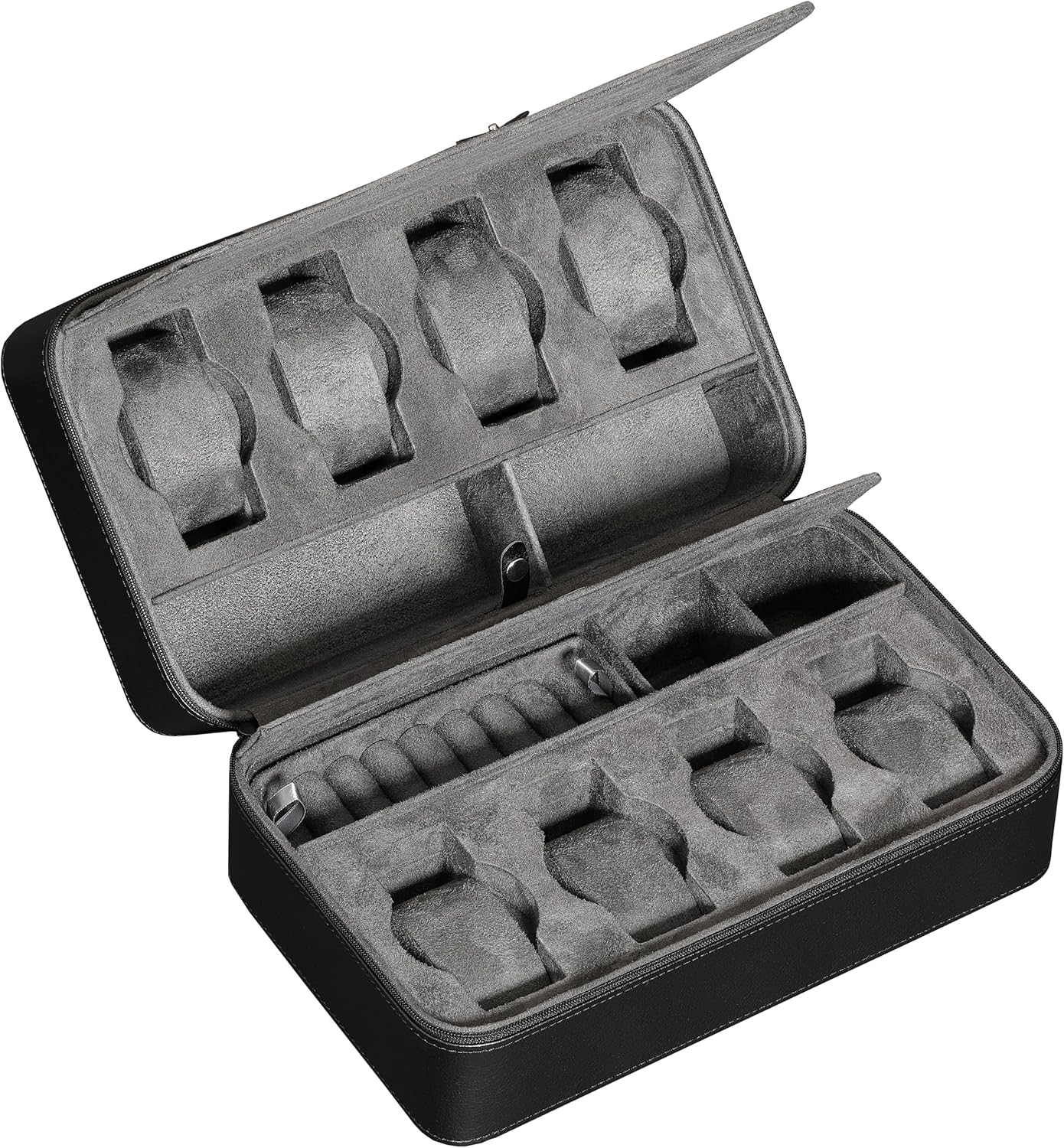 ROTHWELL 8 Watch Travel Case Storage Organizer for 8 Watches, Sunglasses, Rings & Cufflinks |Tough Portable Protection with Zipper Fits Most Wristwatches & Smart Watches Up to 50mm (Black/Grey)