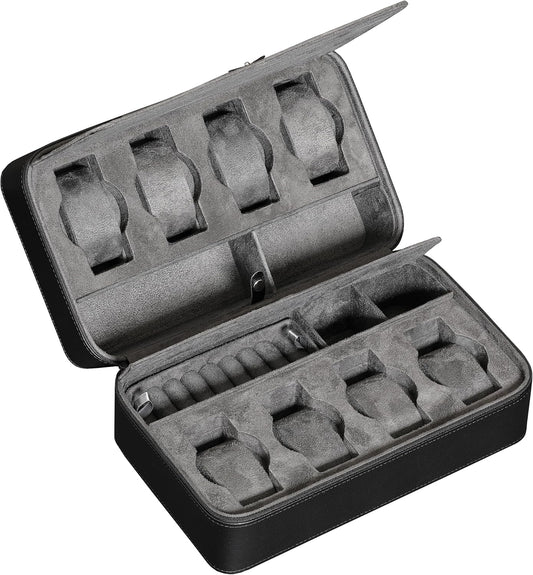 ROTHWELL 8 Watch Travel Case Storage Organizer for 8 Watches, Sunglasses, Rings & Cufflinks |Tough Portable Protection with Zipper Fits Most Wristwatches & Smart Watches Up to 50mm (Black/Grey)