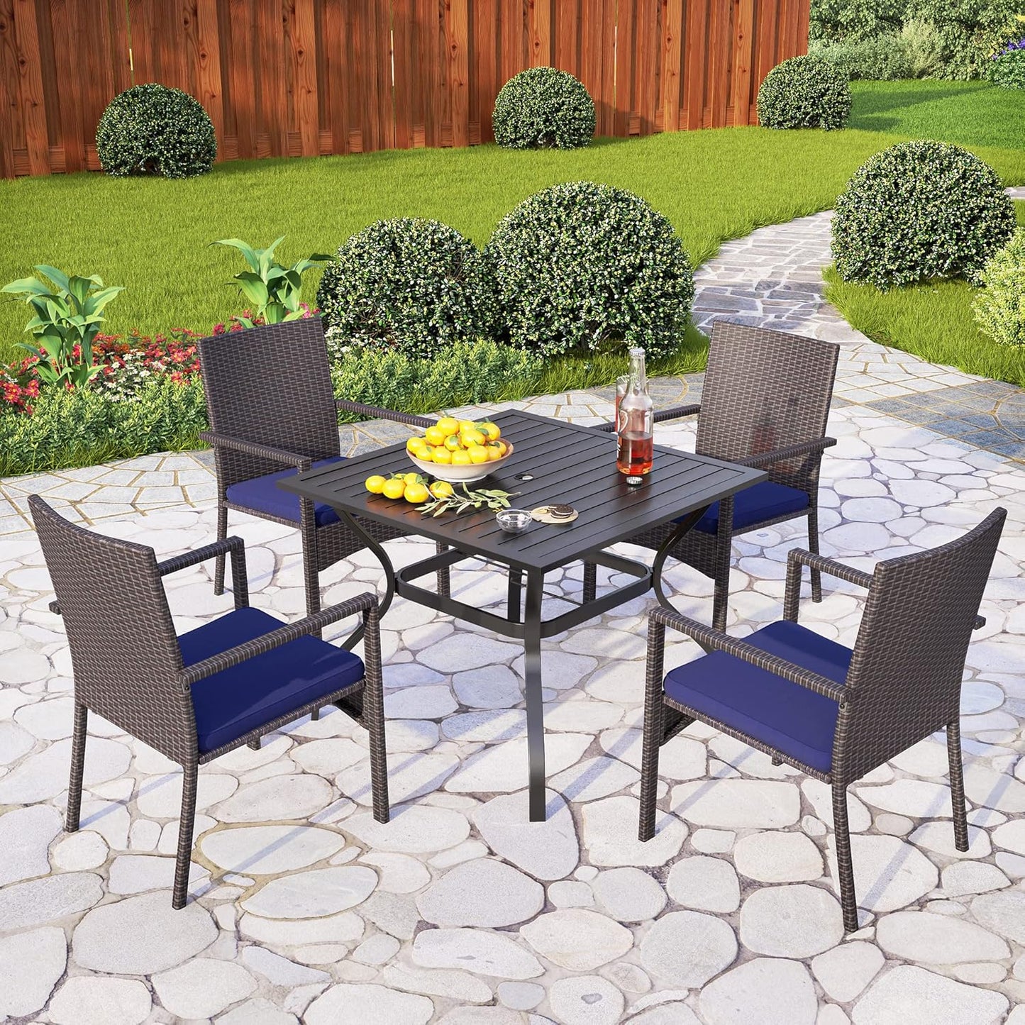 PHI VILLA 4 Pieces Patio Cushioned Rattan Chairs, Outdoor Modern PE Wicker Dining Armchair with Removable Cushions for Deck, Yard, Porch