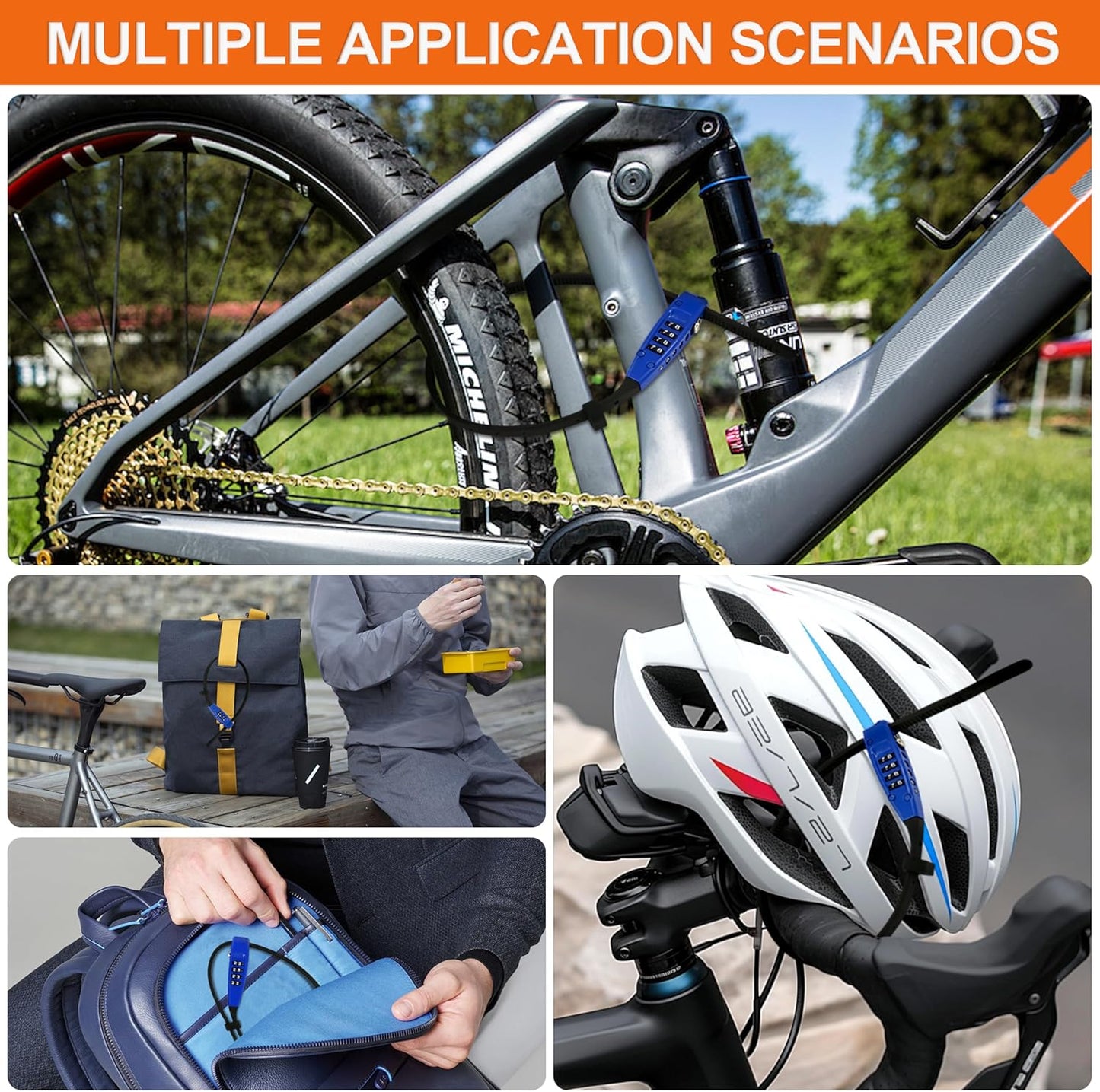 OKG 4-Digit Combination Zip Tie Lock - Anti-Scratch Stainless Steel Cable Bike Lock with Resettable Code, Secure Helmets, Skis, Prams, Luggage, Cabinet, French Doors, and More (Blue)
