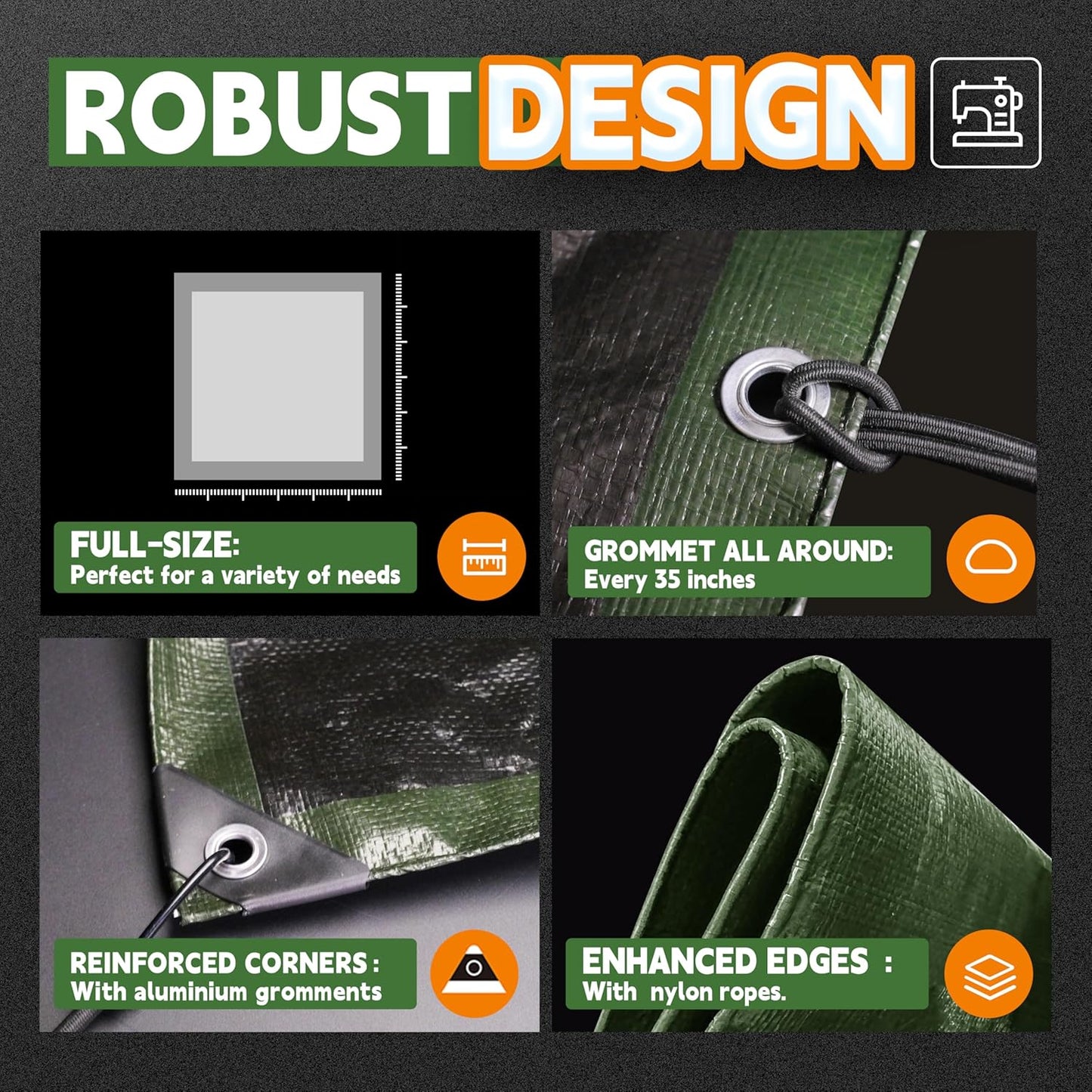 20x20 Feet Tarp Waterproof,9Mil Thick,Finished Size Tarps,UV Resistant,Durable,Multipurpose Poly Tarp Cover with Metal Grommets and Reinforced Edges,Green/Black by RAINDEWAY