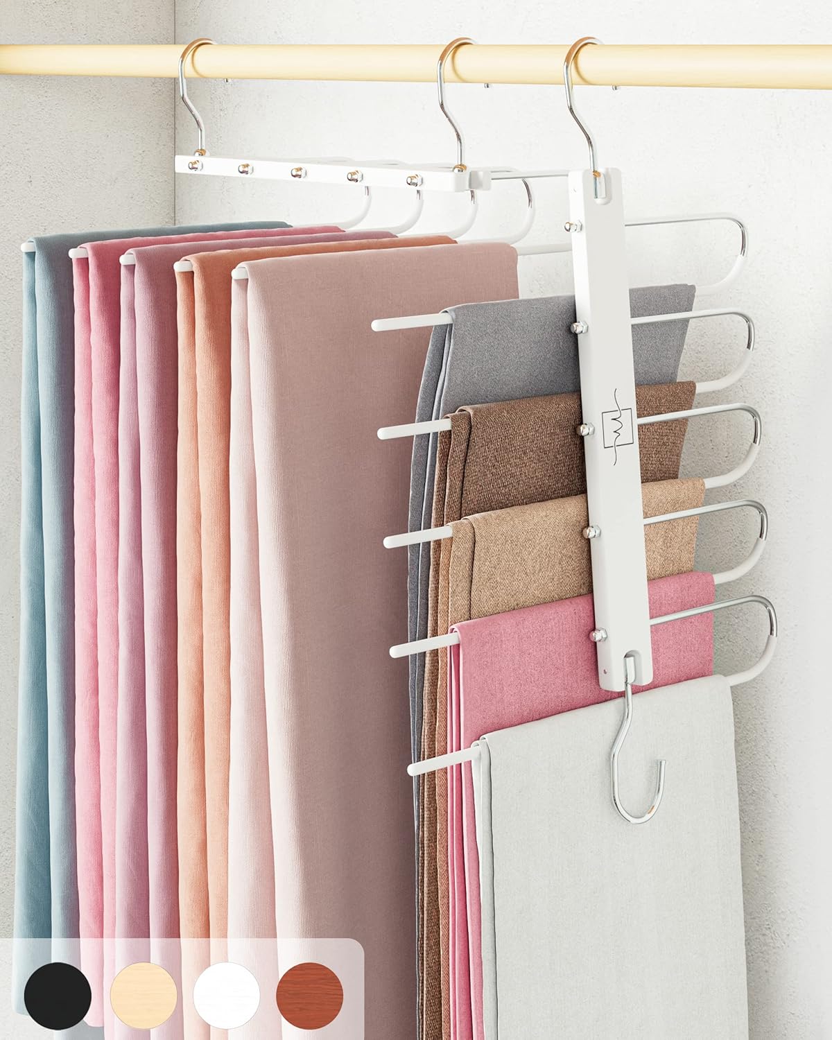 MORALVE Pants Hangers Space Saving - 2 Pack European Beechwood Scarf and Jean Hangers - Closet Organizer and Space Saver Pant Rack, Leggings Hanger, and Scarf Holder with 360° Swivel Hook
