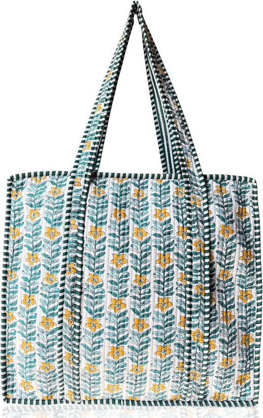 Cotton Quilted Tote Bag for Women – Large Beach & Travel Tote with Zipper, Reusable Grocery Bag