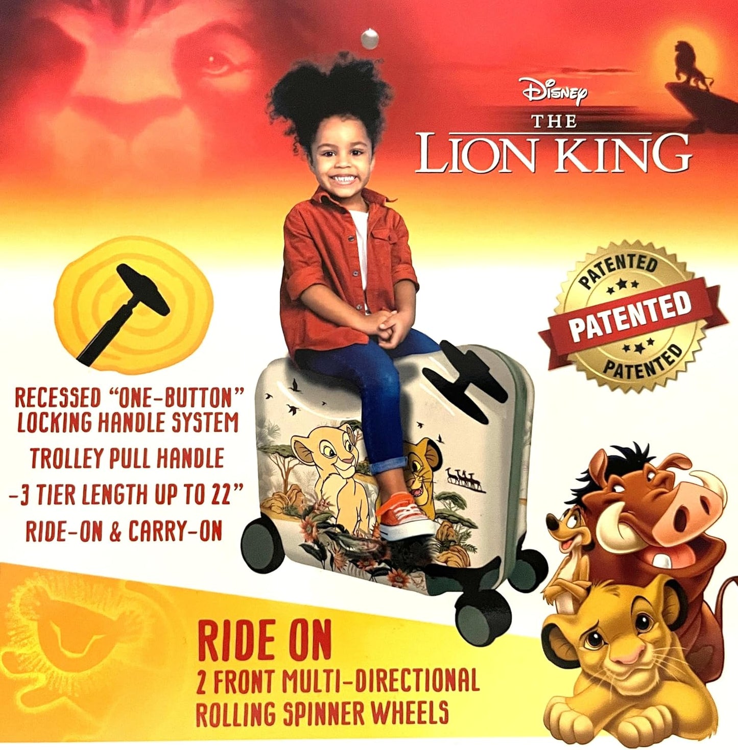 Fast Forward Ride-On 18" Suitcase For Kids/Tow-Along Toddler Carry-On Luggage With Wheels (Lion King)