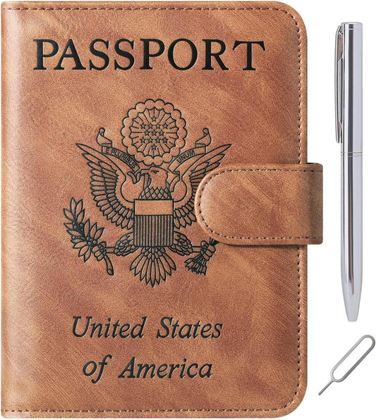 Passport Holder Cover Wallet Travel Essentials Leather Rfid Blocking Case Vacation Luggage Must Haves Travel Accessories for Men Women (120#Brown)