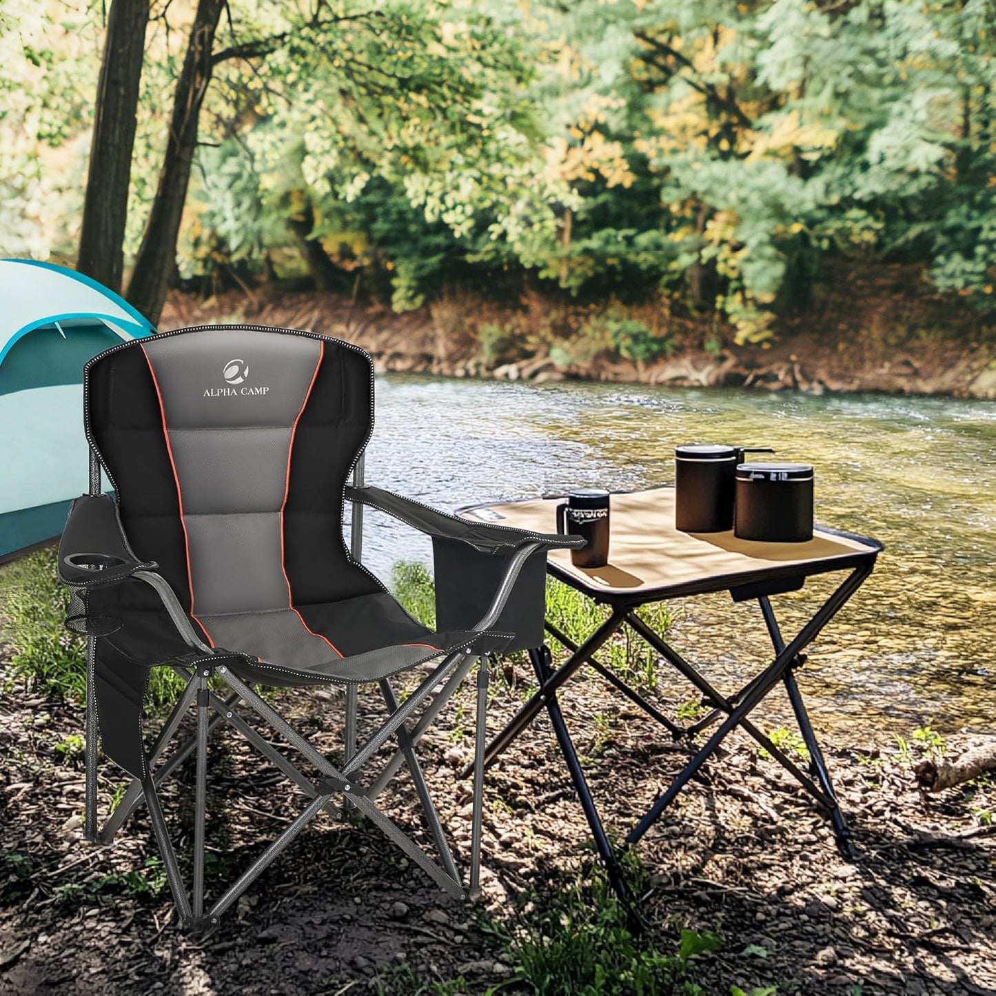 LET'S CAMP Folding Camping Chair Oversized Heavy Duty Padded Outdoor Chair with Cup Holder Storage and Cooler Bag, 450 LBS Weight Capacity, Thicken 600D Oxford