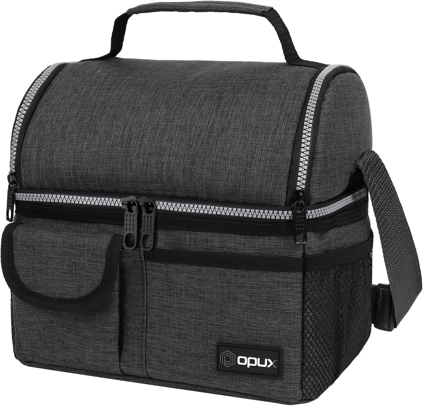 OPUX Lunch Box for Men, Adult Lunch Box Cooler, Insulated Lunch Bag Women, Dual Compartment Lunchbox for Work, Leakproof Double Decker Lunch Bag, Soft Lunch Pail Tote Boys Girls Kids School, Dark Gray