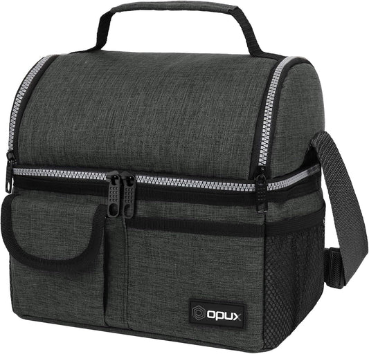 OPUX Lunch Box for Men, Adult Lunch Box Cooler, Insulated Lunch Bag Women, Dual Compartment Lunchbox for Work, Leakproof Double Decker Lunch Bag, Soft Lunch Pail Tote Boys Girls Kids School, Dark Gray