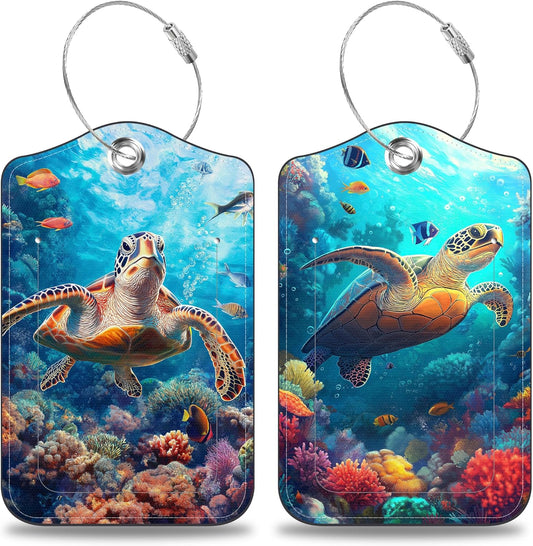 Sea Turtle Set of 2 Luggage Tags for Suitcases Leather Suitcase Tags Identifiers with Privacy Name Address Label and Stainless Steel Loop for Women Men Travel Luggage Accessories
