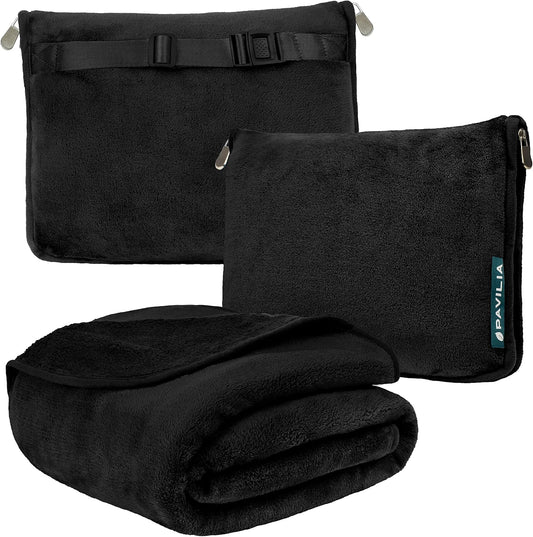 PAVILIA Travel Blanket Pillow, Soft Airplane Blanket 2-in-1 Combo Set, Plane Blanket Compact Packable, Flight Essentials Car Pillow, Travelers Gifts Accessories, Luggage Backpack Strap, 60x43 Black