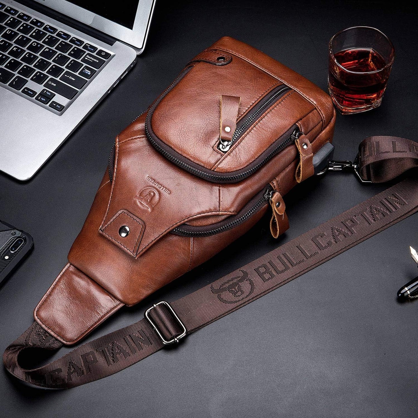 BULLCAPTAIN Leather Sling Bag Mens Chest Bag Casual Shoulder Crossbody Bags Travel Hiking Backpacks Daypack with USB Charging Port (Brown)