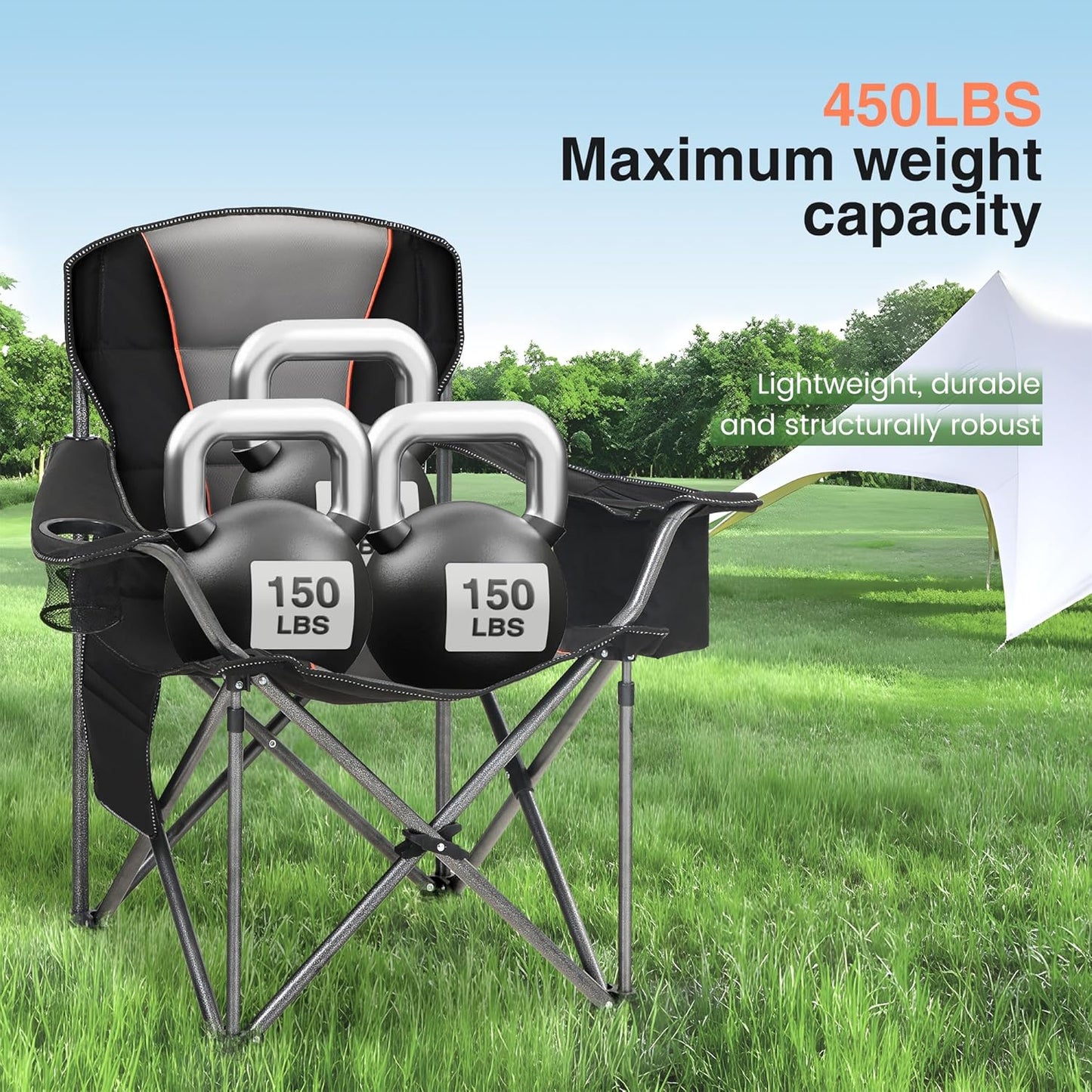 HIGH POINT SPORTS Oversized Portable Camping Folding Chair, Heavy Duty Foldable Outdoor Chair, Camp Chair with Cup Holder and Cooler Bag Support 450 LBS, Black…