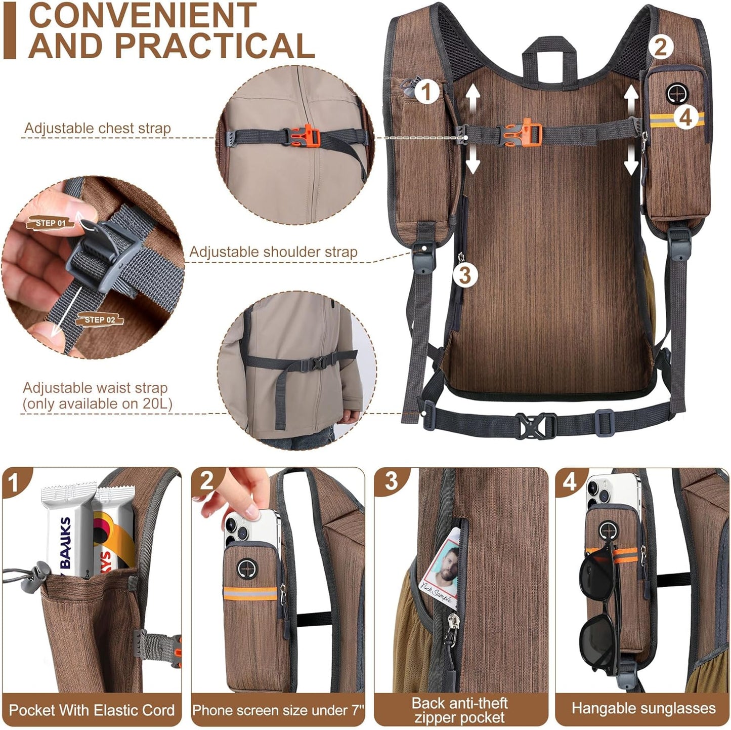 20L Small Hiking Backpack for Men Women Foldable Packable Back Pack Ultralight Hiking Daypack for Travel Camping Outdoor, Chocolate Brown