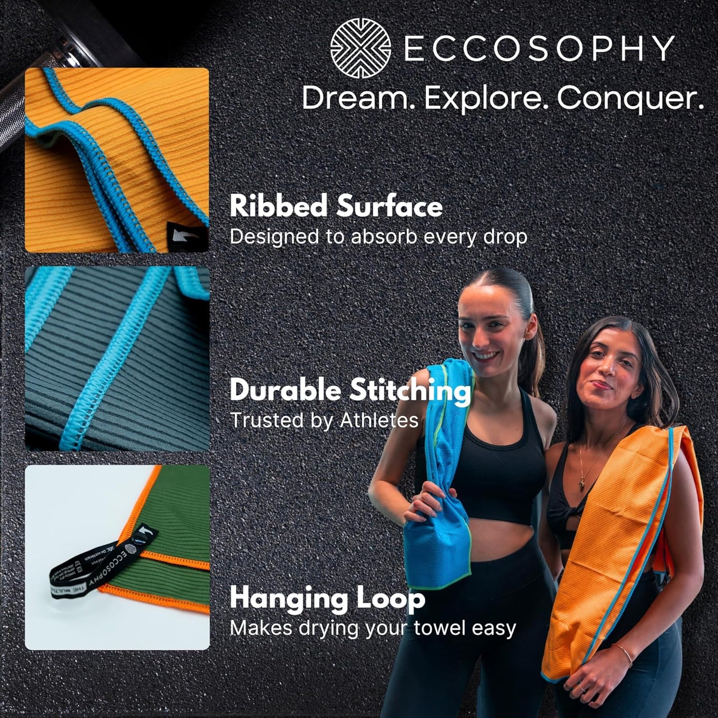 ECCOSOPHY Microfiber Beach Towel – Quick Dry Gym Towel, Highly Absorbent with Ribbed Texture, Lightweight – Ideal for Travel, Pool, Yoga, Fitness & Outdoor Adventures – 40x20 Navy
