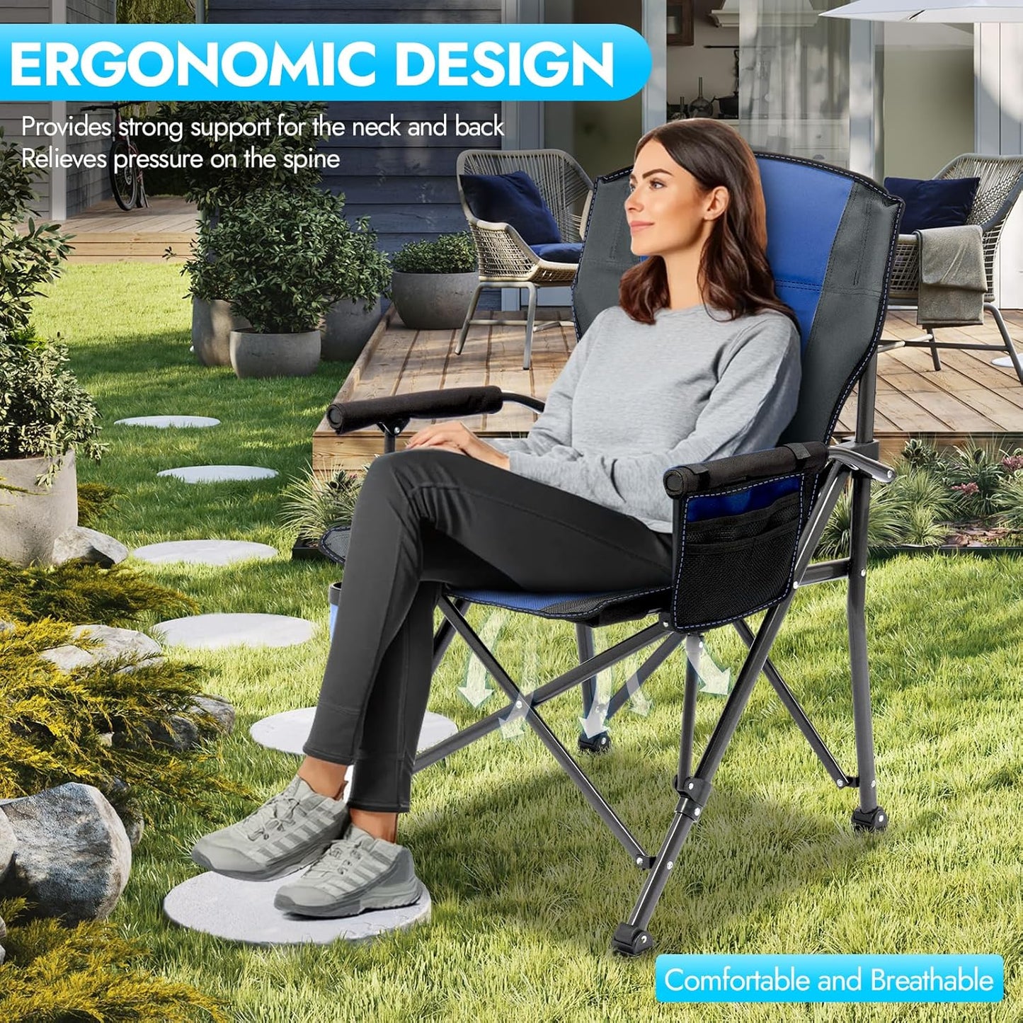 2 Pack Oversized Folding Camping Chair for Adults, Supports 450 LBS Camping Chairs, Heavy Duty Camping Chair with Side Pockets, Foldable Outdoor Chair for Camping, Beach, Fishing, Hiking, Blue-Black