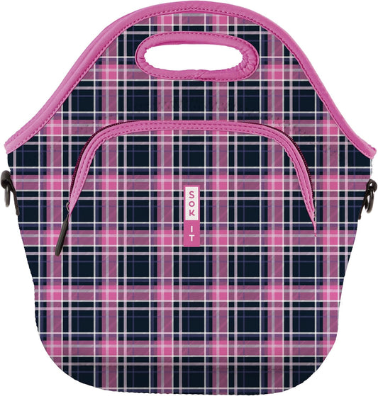 Sok It LunchTote Zippered Bag Insulated Neoprene Caddy (Berry Plaid, X-Large 6.5 Quart Lunch Tote)