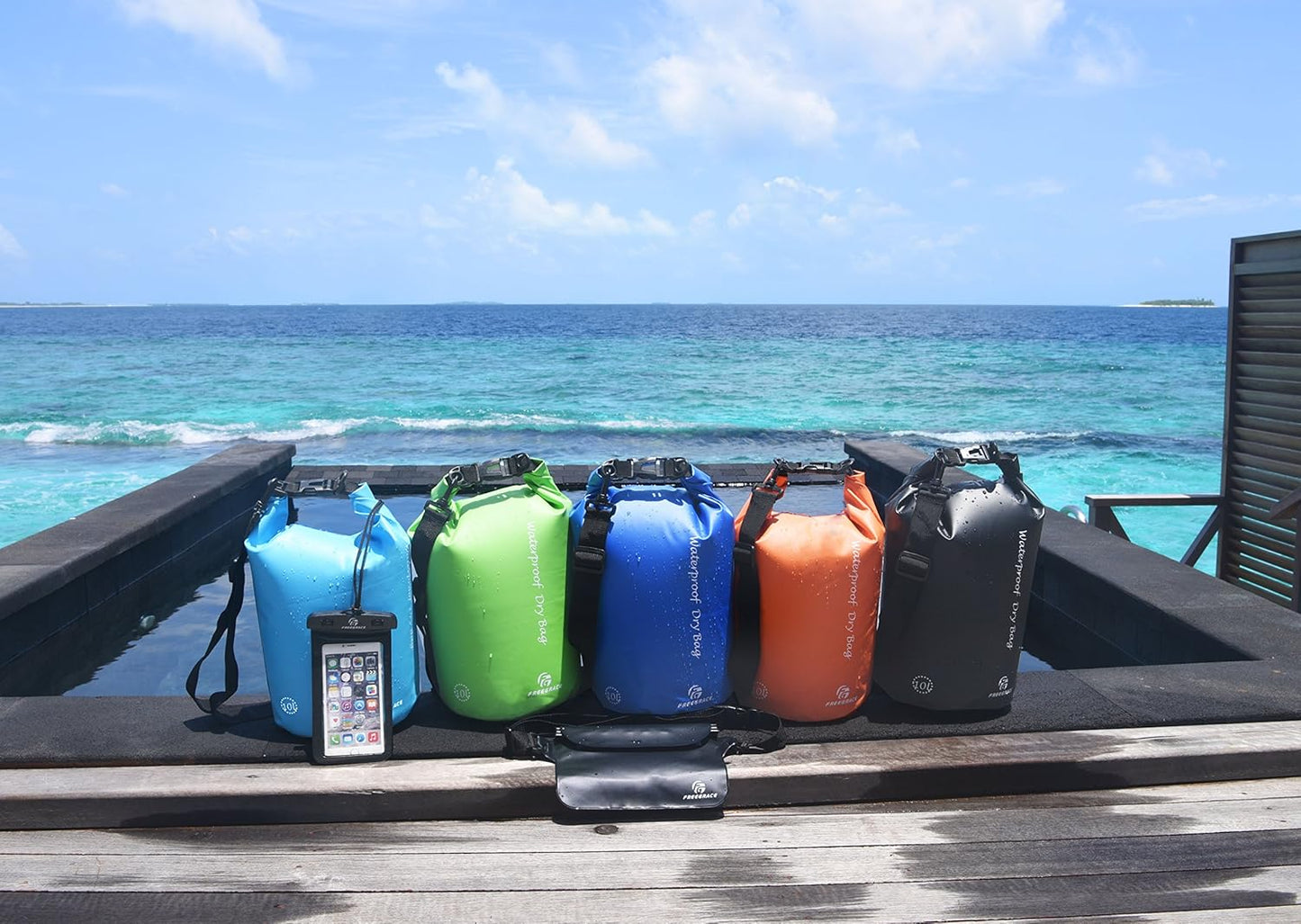 Freegrace Waterproof Dry Bags Set of 3 Dry Bag with 2 Zip Lock Seals & Detachable Shoulder Strap, Waist Pouch & Phone Case - Can Be Submerged Into Water - for Swimming (Orange, 10L)