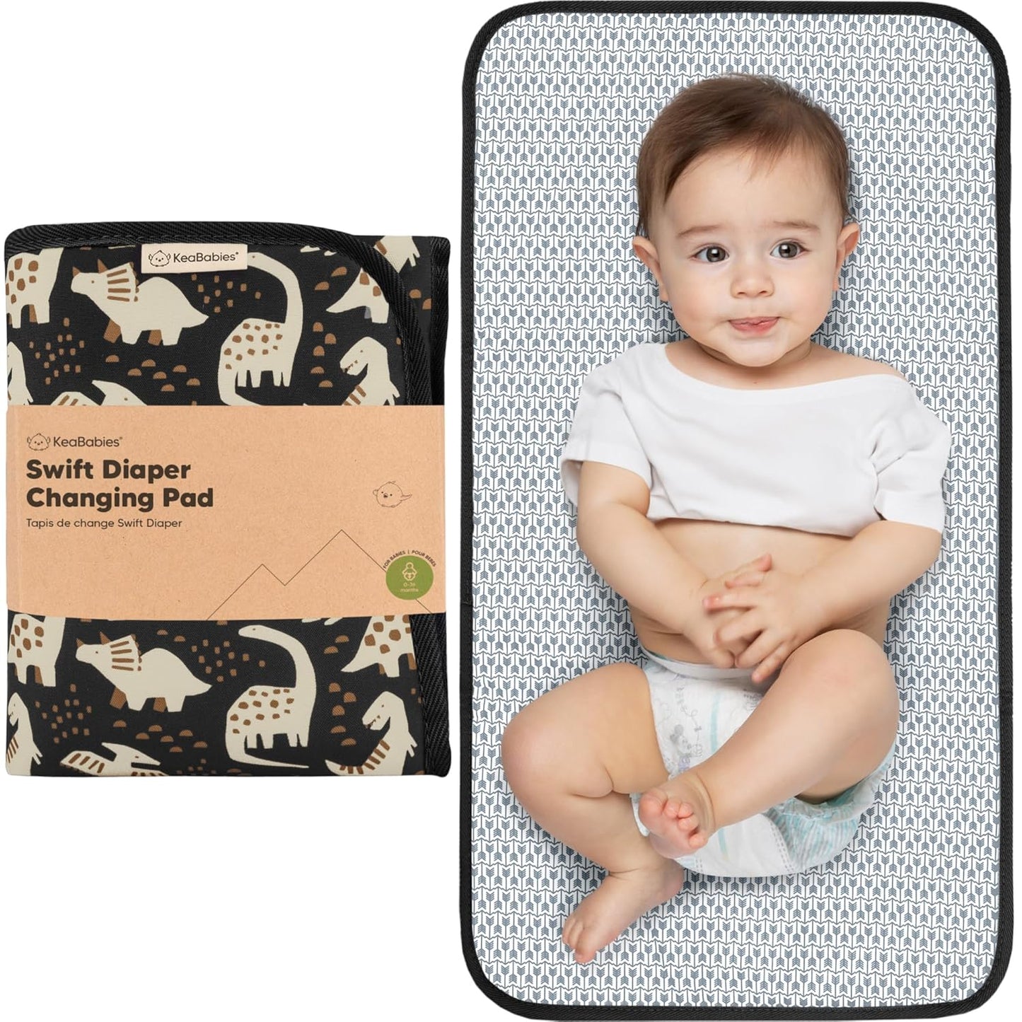 KeaBabies Portable Diaper Changing Pad, Easy Wipe Clean - Foldable Waterproof Baby Changing Mat for Diaper Bag, Compact, Lightweight, 25x13 Baby Changer Travel Essential, Machine Washable (Dino Ridge)